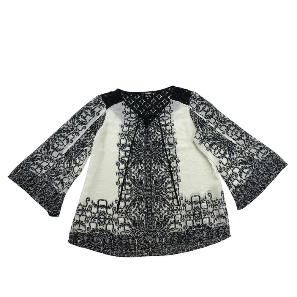 Roz & Ali Shirt Womens XL Black White Lace Up V Neck Lightweight Sheer